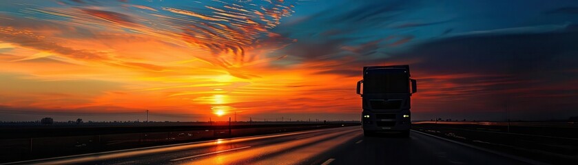 Fototapeta premium Silhouette of a haulage truck on a highway at dawn,