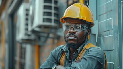 A man in a yellow helmet and safety glasses is leaning against a wall