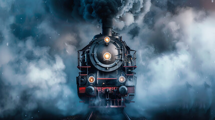 A steam locomotive billowing clouds of white smoke as it travels along the tracks. The powerful train showcases the classic design of steam engines, with plumes of steam rising dramatically against