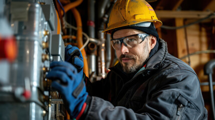 A man in a yellow helmet is working on a machine