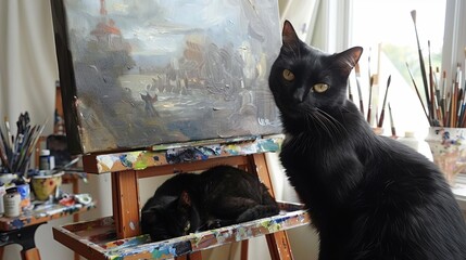 An artist painting in a studio, with a black cat lounging on the easel