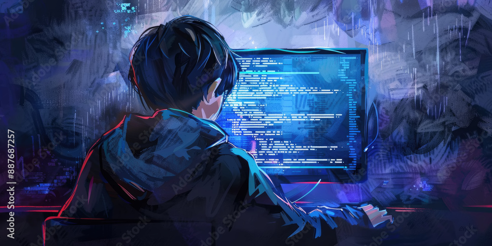 Poster a young person sits in front of a computer screen, illuminated by blue light, typing code late at ni