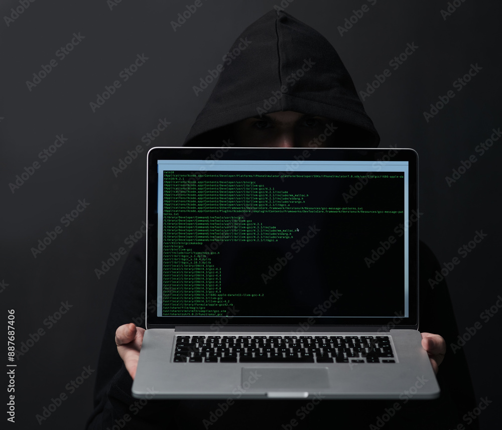 Poster dark, hoodie and hacker in studio, laptop and fraud of cybersecurity, online and hiding with screen.