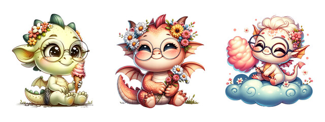 Adorable baby dragons with glasses, balloons, and flowers isolated on transparent background