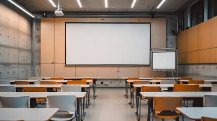 Minimalist classroom with technology like a projector or interactive whiteboard, against a plain wall