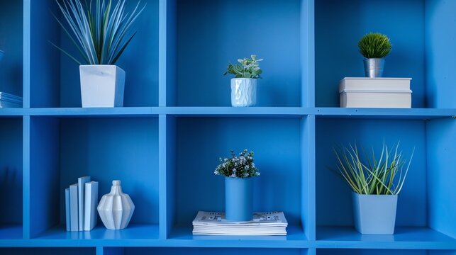 Minimalist classroom shelves painted in solid blue, with minimal items neatly arranged