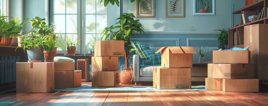 Sunlit room filled with packed boxes and plants, ready for a move.