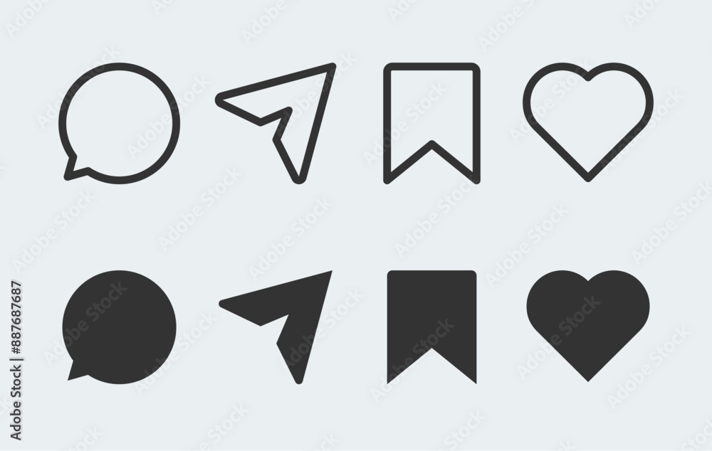 Aufkleber social media icon set. comment, share, save and like symbols. set of generic user interface sign.