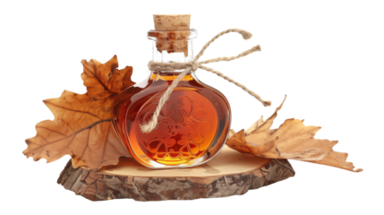 Maple syrup, packaged in glass bottles, resting on a wooden tray, presenting a rustic and charming display of nature's sweetness.