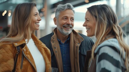 Fototapeta premium Three people, two women and a man, stand close together and laugh while talking.
