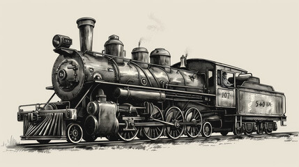 Fototapeta premium A vintage steam train locomotive depicted in an engraving style, showcasing intricate details and craftsmanship. This illustration captures the nostalgia of classic railway design, featuring elements 