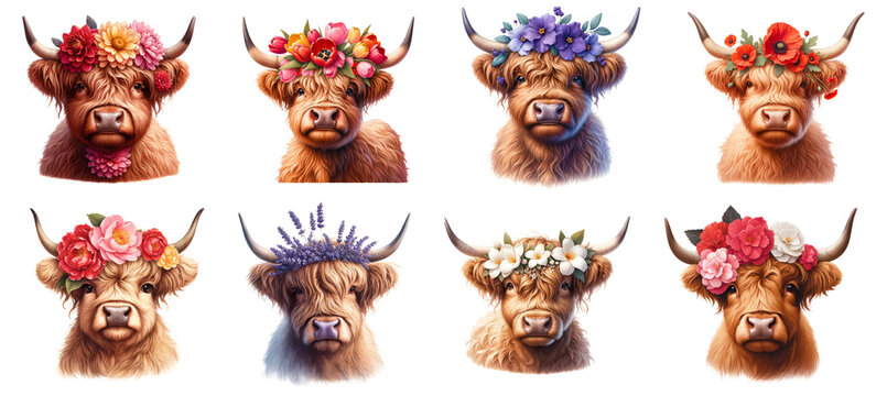 Highland cows with floral crowns isolated on transparent background