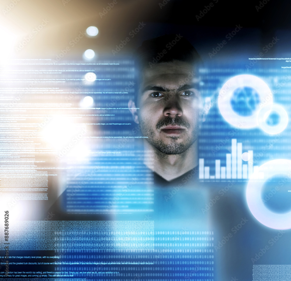 Poster programmer, man and serious for hologram, online and portrait of coding in night for deadline of com