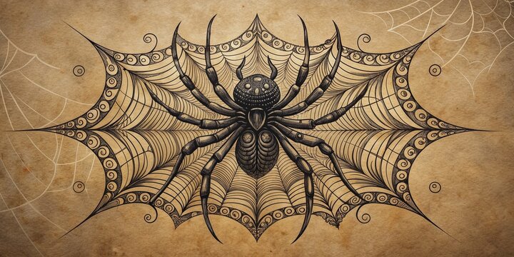 Intricate black ink arachnid tattoo design featuring a regal spider surrounded by ornate web patterns and subtle shading on a neutral beige background.