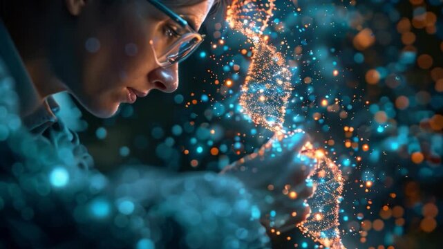 A scientist gazes intently at a digital representation of a DNA strand, highlighting the possibilities of CRISPR technology.