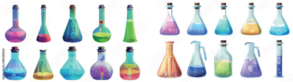 Poster a set of transparent and filled with colored liquid laboratory flasks pictured in a realistic modern