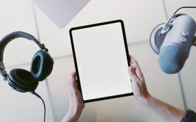 Tablet screen png mockup, broadcasting studio