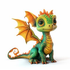 Fototapeta premium Colorful dragon with wings and tail, ready to soar through the skies, Colorful cute cartoon fairy baby dragon with wings 3D illustration on a white background, Ai generated