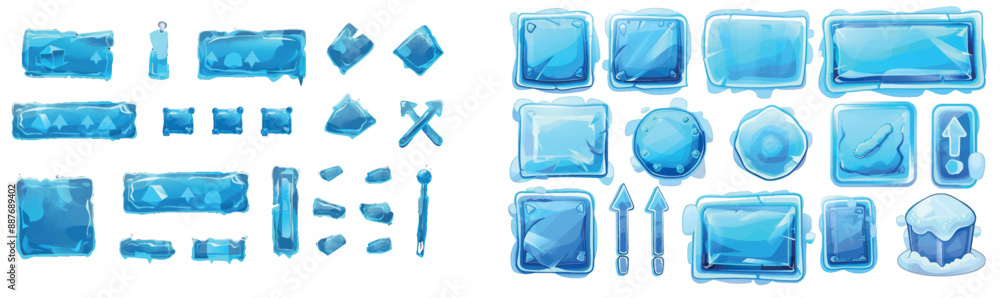 Poster set of ice game ui buttons on a blue background with equalizer and progress bars, arrows, informatio