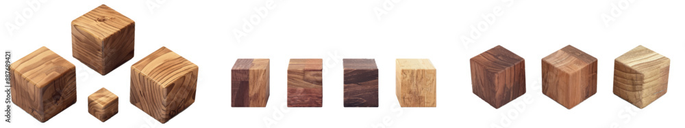 Poster the four basic timber clear brown objects are shown in perspective side view close-up. 3d wood cube 