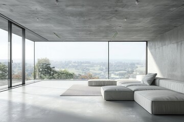 Interior of modern living room with concrete walls, concrete floor, panoramic window with lake view