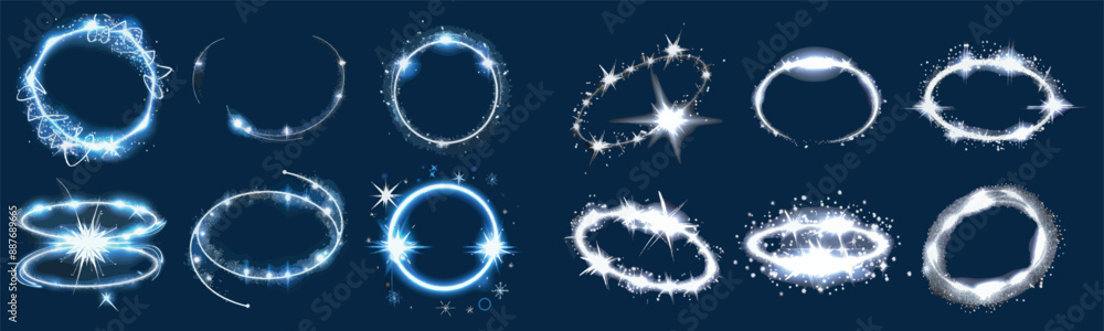 Poster with white waved and circular neon elements and snowflakes or sparkles, this is a realistic and mode