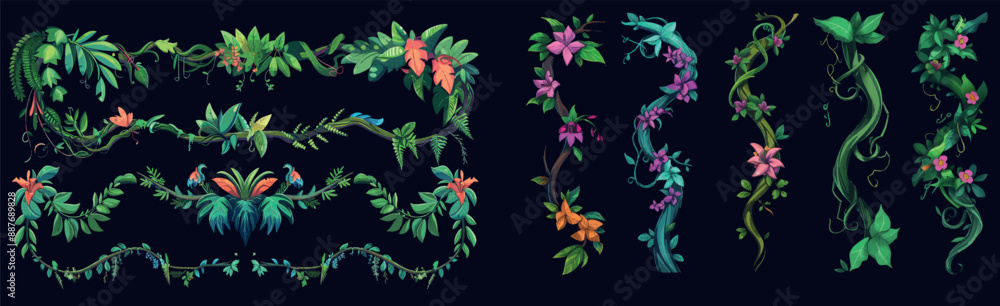Poster angular sets of liana branch frames with twisted foliage and flowers isolated on black backgrounds. 