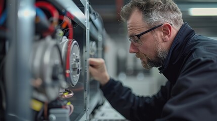 A man is looking at a machine with a wrench in his hand