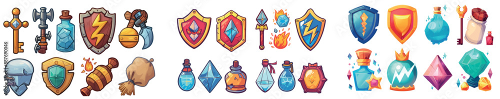 Wall mural Modern cartoon game UI icon set with gold coin, shield, lightning, gem stone, bomb, potion bottle and gem stone props. Arcade slot set isolated on white.