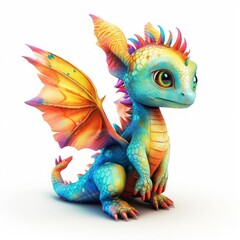 Obraz premium A dragon with colorful scales, wings, and a long tail, exuding a sense of power and mystery, Colorful cute cartoon fairy baby dragon with wings 3D illustration on a white background, Ai generated