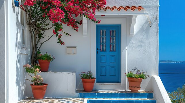 Beautiful greek house with blue door and window, stairs leading to the ocean in front of it, greece landscape, blue sky, white walls, blue tiles on roof. copy space for text.