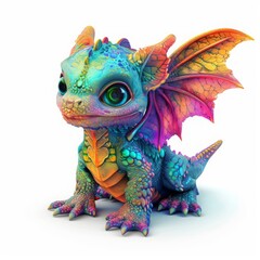 Fototapeta premium A dragon with colorful scales, wings, and a long tail, exuding a sense of power and mystery, Colorful cute cartoon fairy baby dragon with wings 3D illustration on a white background, Ai generated
