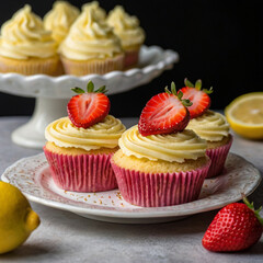 Vegan Lemon Strawberry Cupcakes. Strawberry Topped Cupcakes. Strawberry on fork topping freshly baked cupcakes