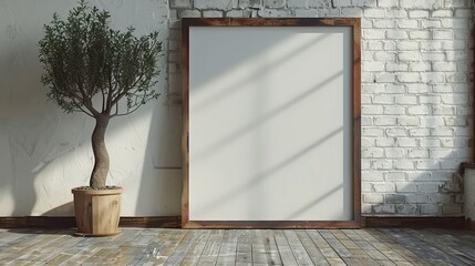 Empty wooden frame leaning against a white brick wall beside a potted tree, with sunlight casting shadows on the rustic wooden floor.