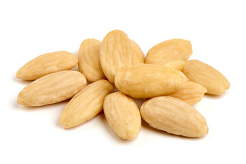 Blanched almond nuts, isolated on white background.
