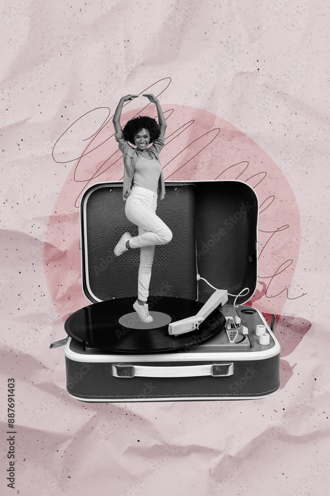 Sticker Composite trend artwork sketch image photo collage of retro vintage recorder vinyl young lady funky dance ballet ballerina music player