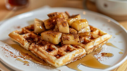 Belgian waffle topped with cinnamon-spiced apples drizzled with maple syrup on a white plate