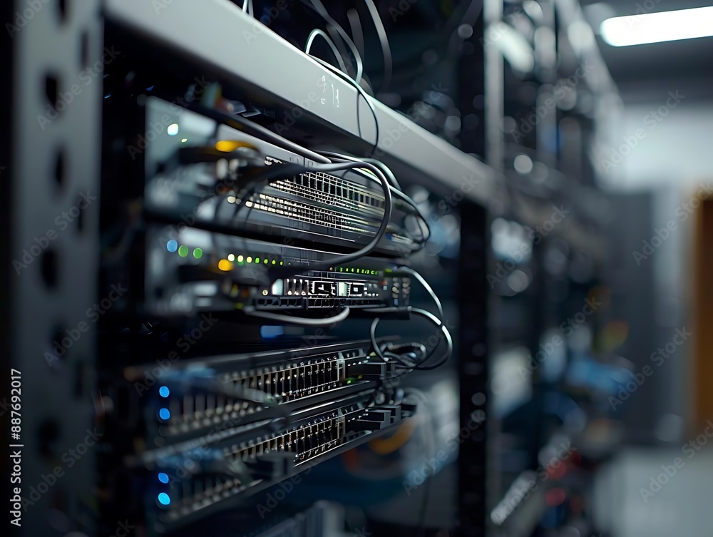 Poster closeup of a server rack in a data center - realistic photo