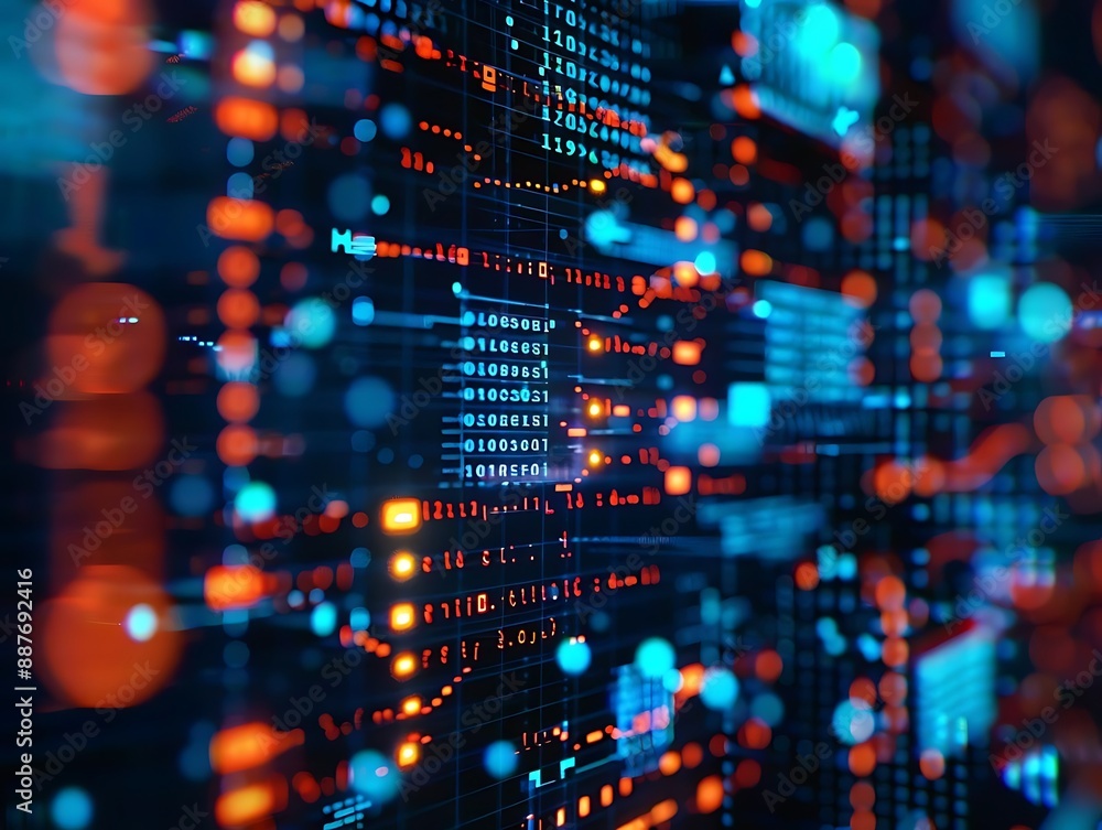 Poster abstract 3d digital background with red and blue lights and blurred numbers