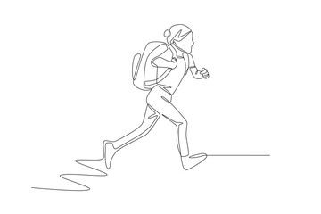 Child running to school. Pre school concept one-line drawing