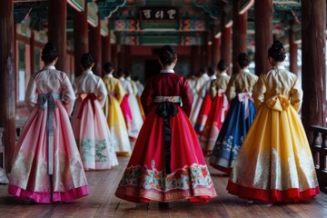 A traditional Korean hanbok fashion show, with models wearing colorful and elaborate hanboks, set against the backdrop of an ancient palace