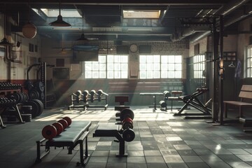 Gym, empty gym, sun rays coming through the  gym windows creating shadows in an empty modern fitness room, interior full of weights, bars and racks, cinematic