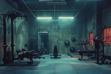Fototapeta premium Gym, empty gym, sun rays coming through the gym windows creating shadows in an empty modern fitness room, interior full of weights, bars and racks, cinematic