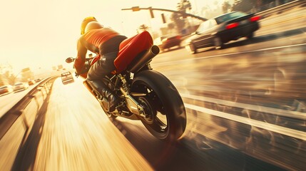 Obraz premium fast moving sport motorcycle on highway wallpaper Highway . Powerful acceleration of a super motorcycle illustration . 
