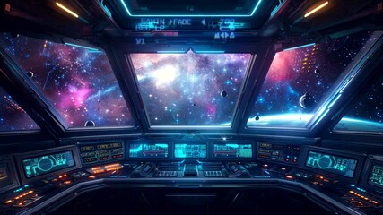 Spaceship cockpit view of galaxy with high-tech controls and futuristic design. Space exploration concept