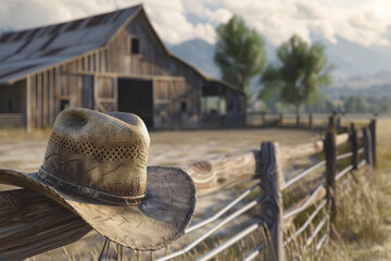 weathered cowboy hat sits atop wooden fence rail. hat worn and dusty faded brown color background rustic barn stands rural. scene evokes sense American West cowboy heritage. concept: wild west cowboy 
