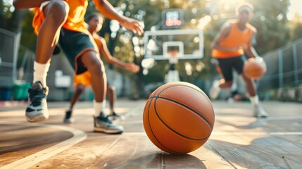 8 Teenagers playing basketball in a neighborhood court, cardio exercise, active lifestyle