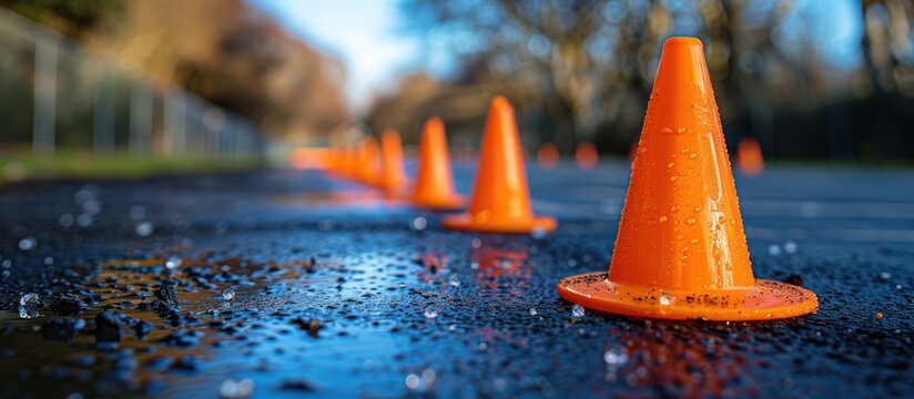 Orange Cones on a Wet Asphalt Road