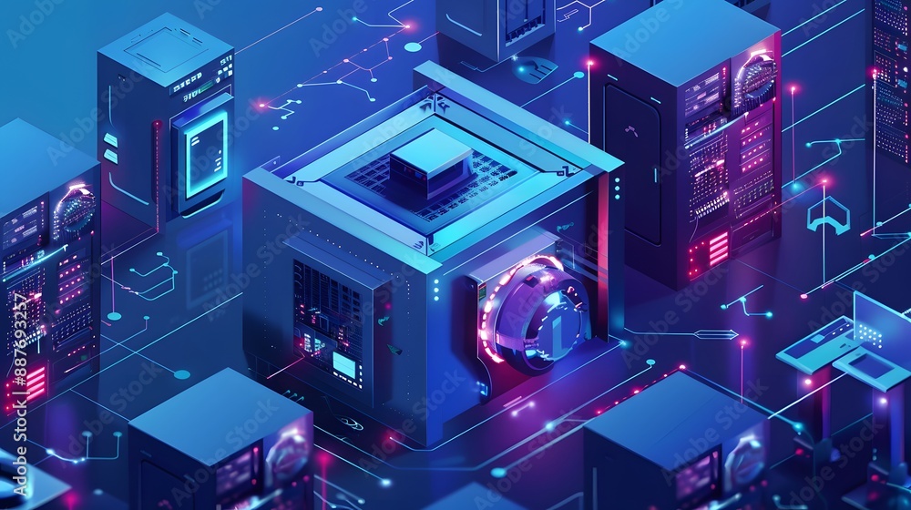 Poster a secure digital vault with layers of encryption, firewalls, and security personnel monitoring syste