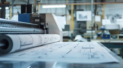 Large format printer is printing architectural plans on a roll of paper. copy space for text.